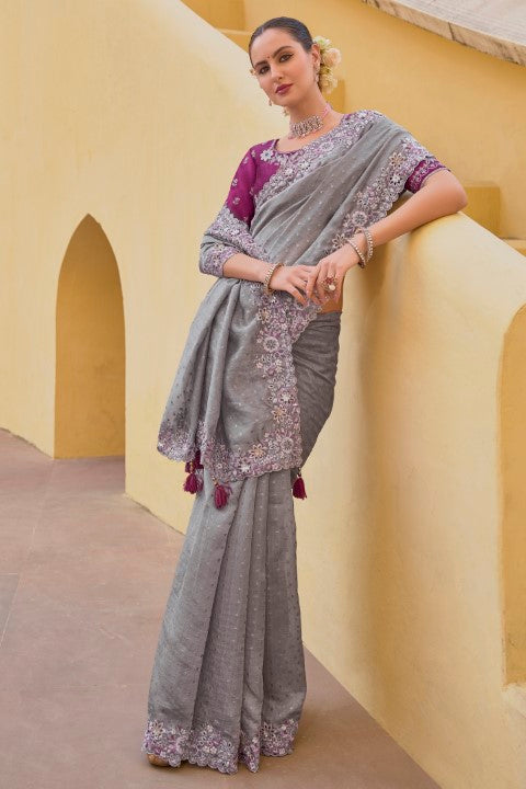Grey Organza Silk Saree With  Heavy Thread Embroidery With Sequins Work