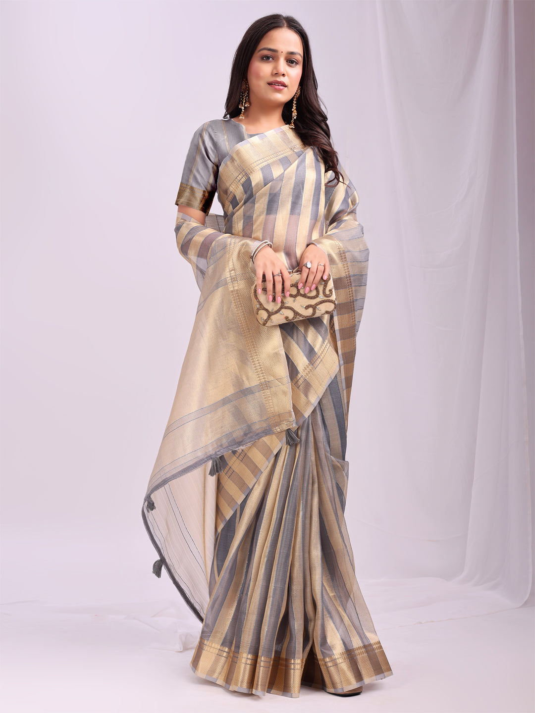 Grey Organza Woven Patta Designer Trendy Ethnic Saree