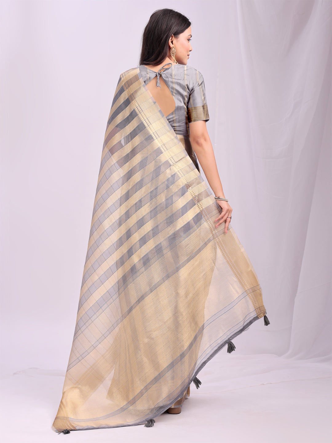 Grey Organza Woven Patta Designer Trendy Ethnic Saree