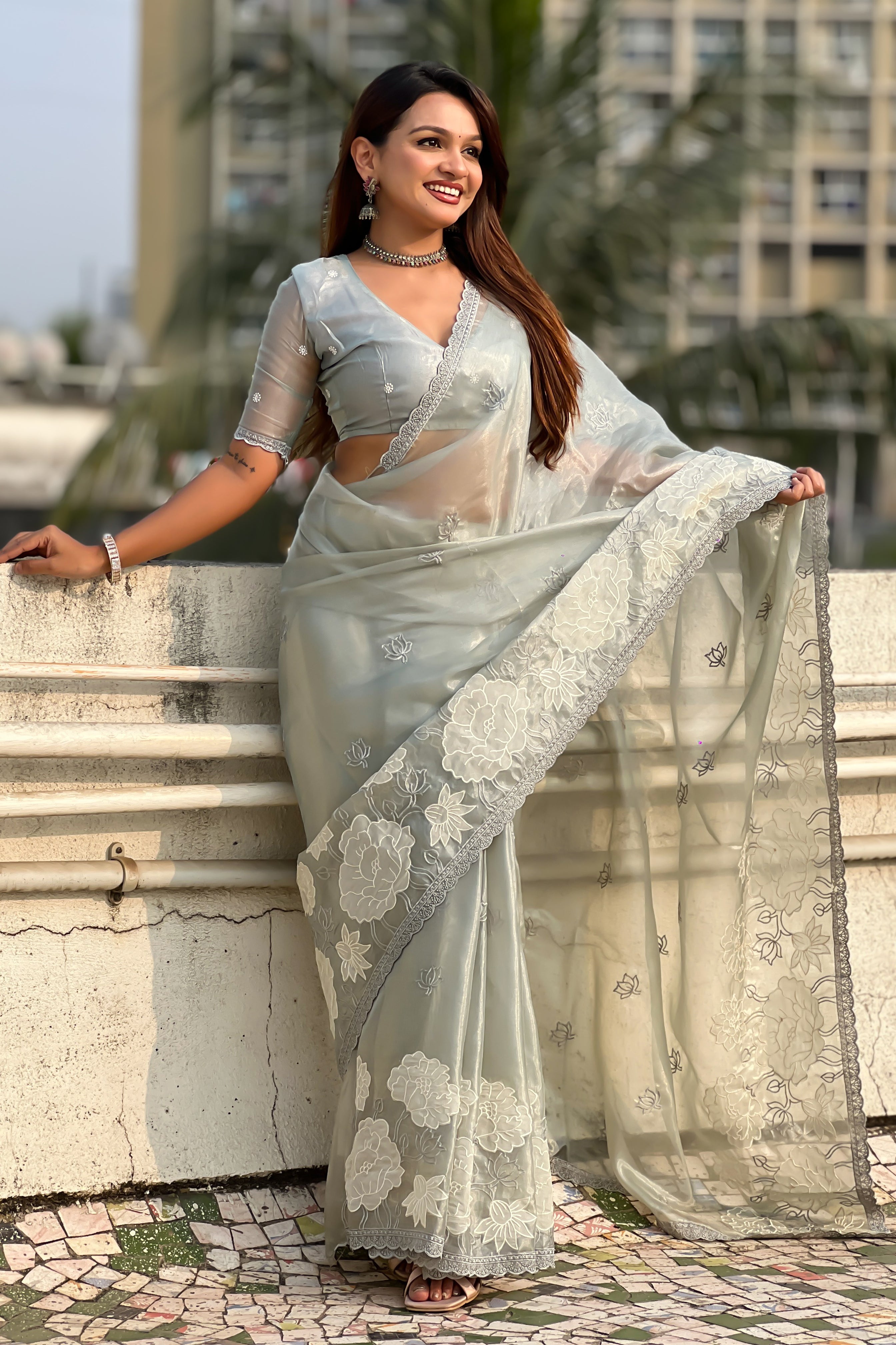 Grey Oris Silk Saree with Premium Lotus Thread Cut Work