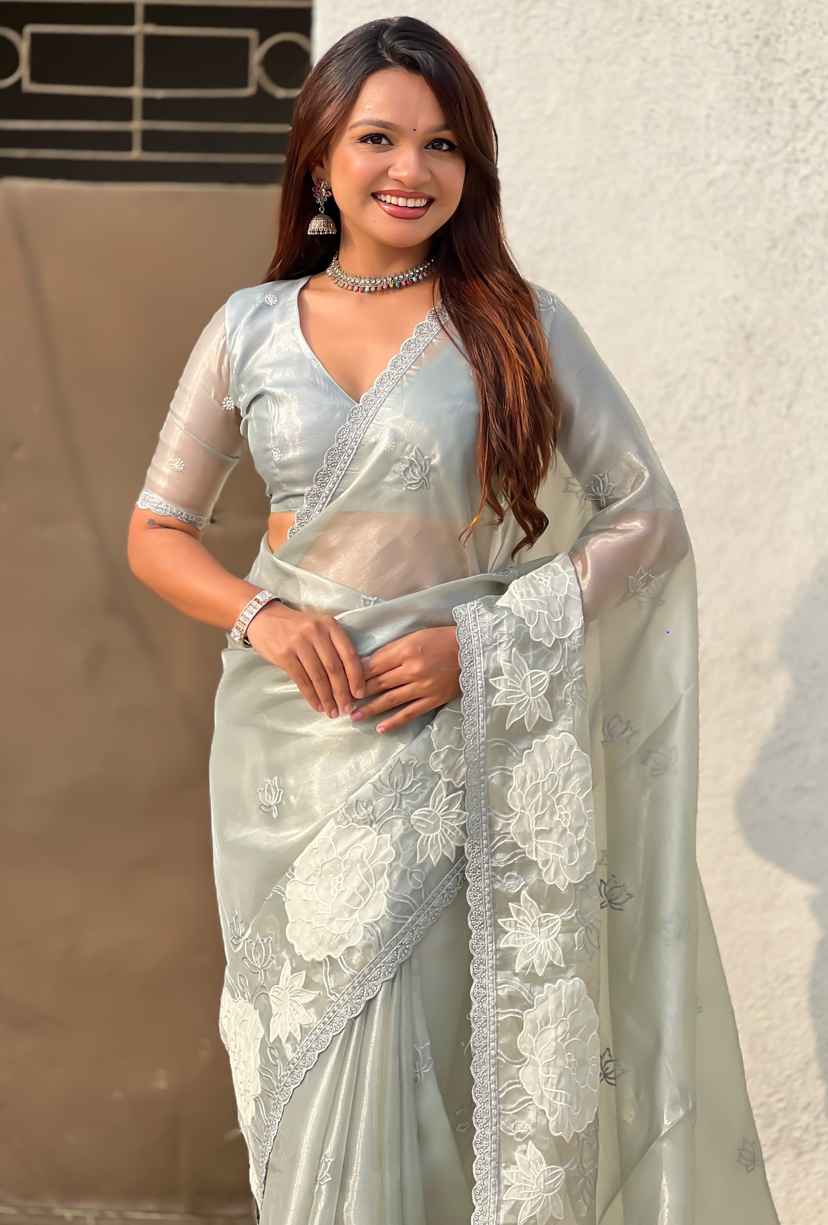 Grey Oris Silk Saree with Premium Lotus Thread Cut Work