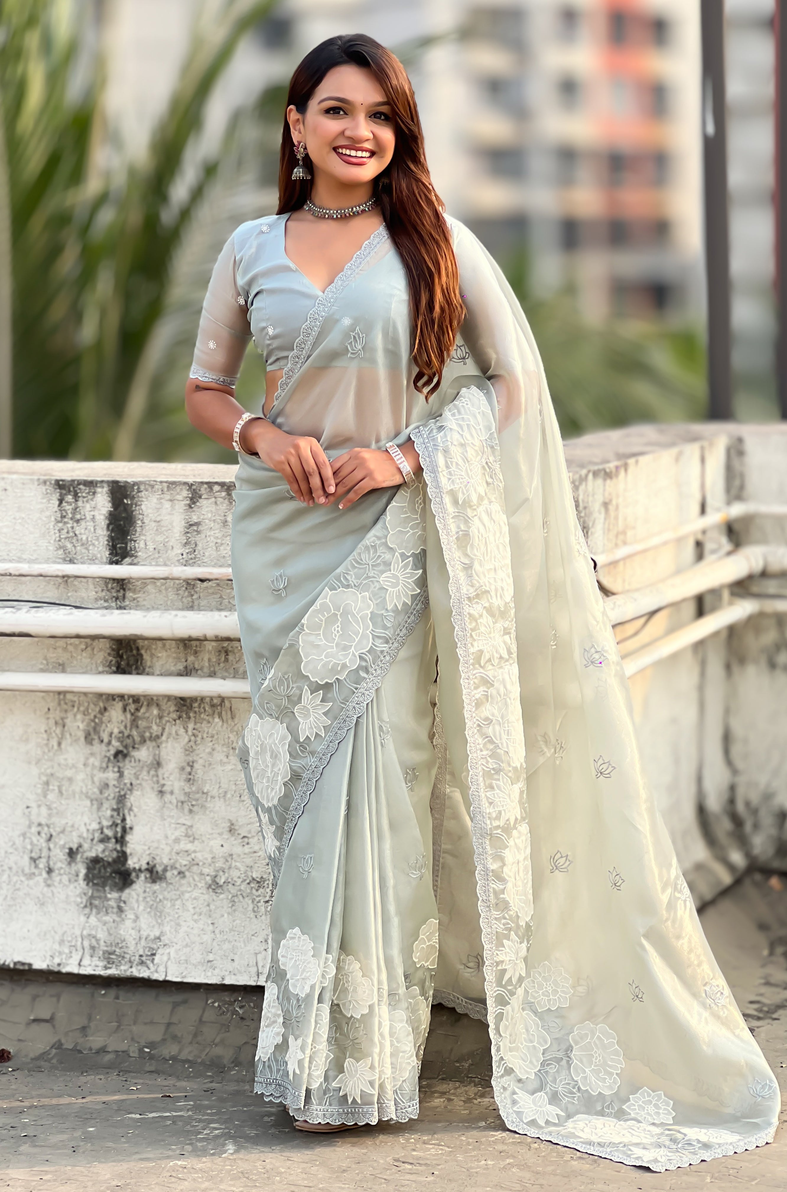 Grey Oris Silk Saree with Premium Lotus Thread Cut Work