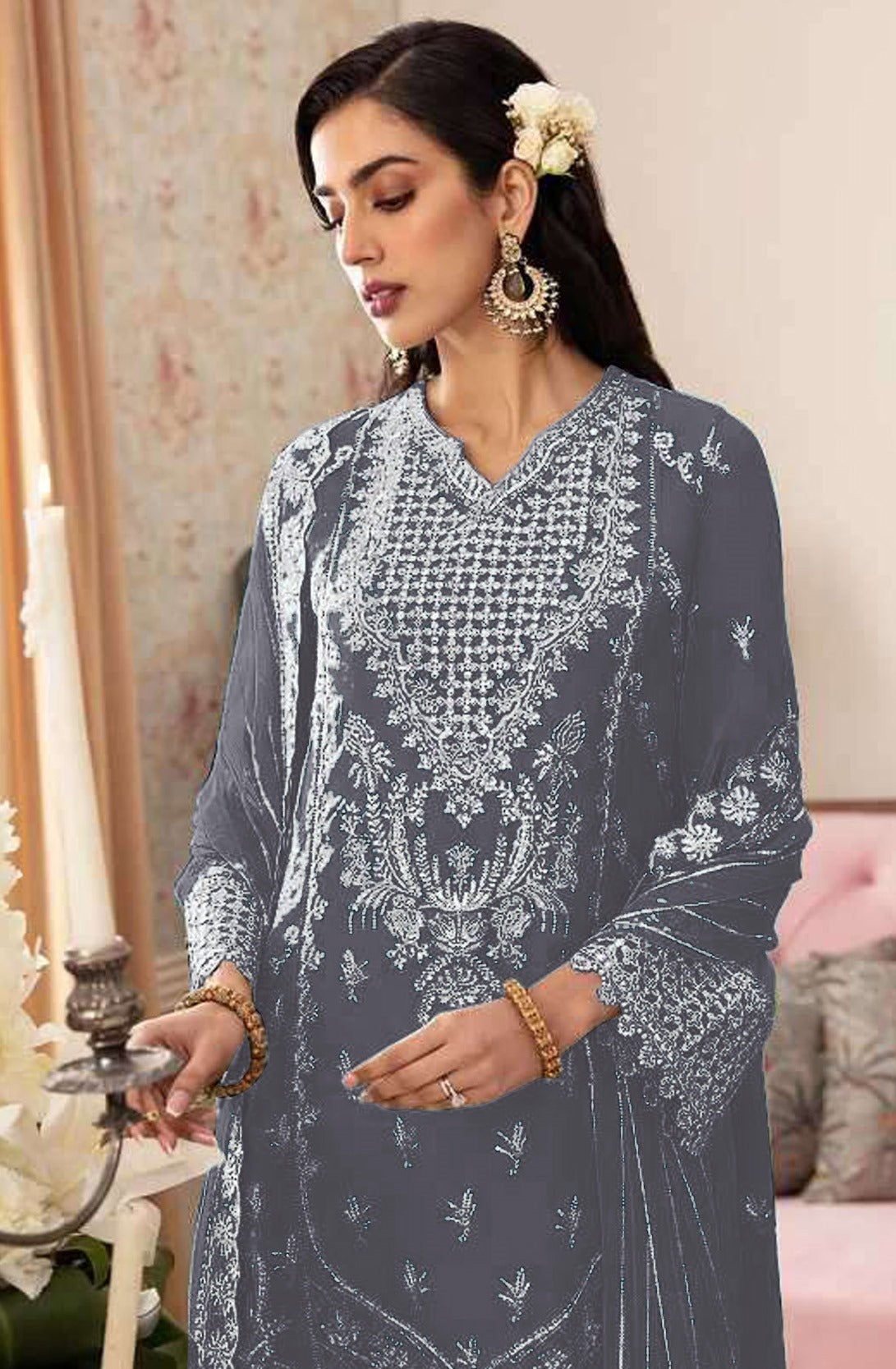 Grey Pakistani Salwar Suit With Heavy Embroidery Work