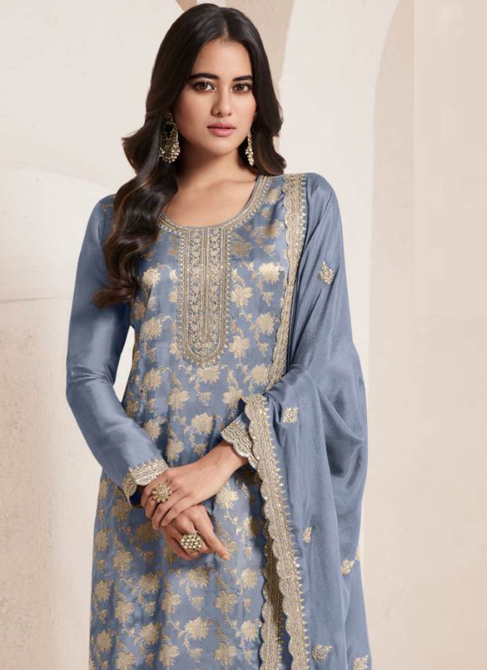 Grey Pakistani Salwar Suit With Heavy Embroidery Work