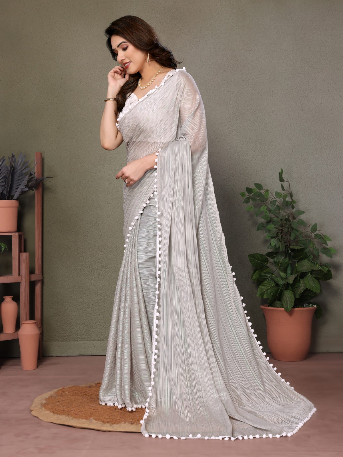 Grey Polyester Zari Saree With Plain Saree With Embroidery Work Blouse And Pum Pum Lace