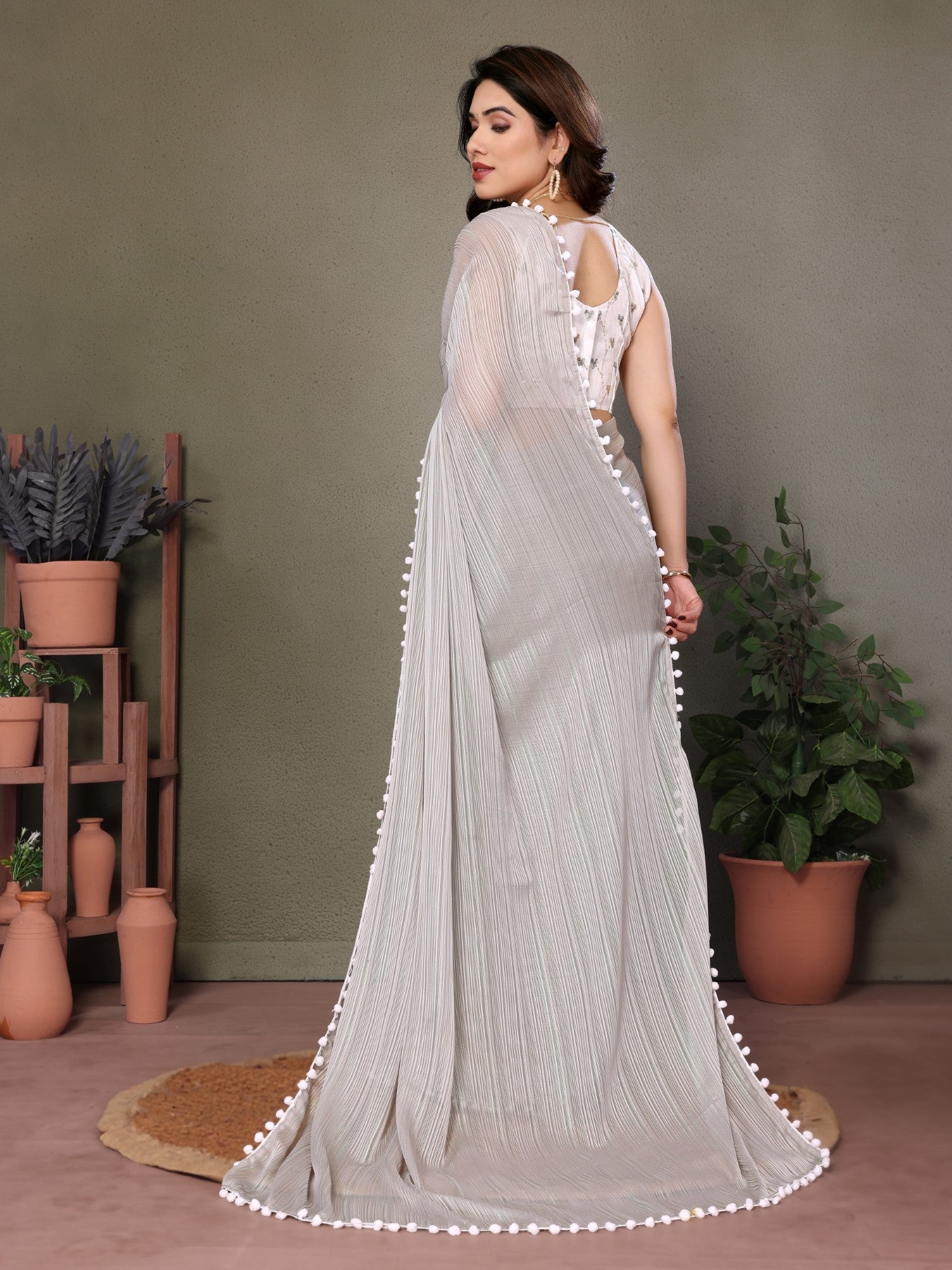 Grey Polyester Zari Saree With Plain Saree With Embroidery Work Blouse And Pum Pum Lace