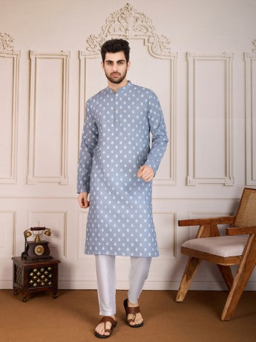Grey Printed Cotton Stylish Kurta Pajama