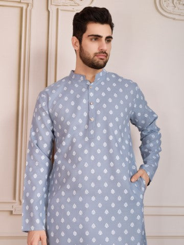 Grey Printed Cotton Stylish Kurta Pajama