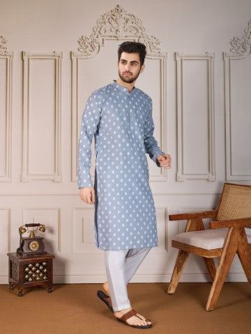 Grey Printed Cotton Stylish Kurta Pajama