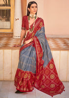 Grey Printed Saree With Jacquared Woven Work