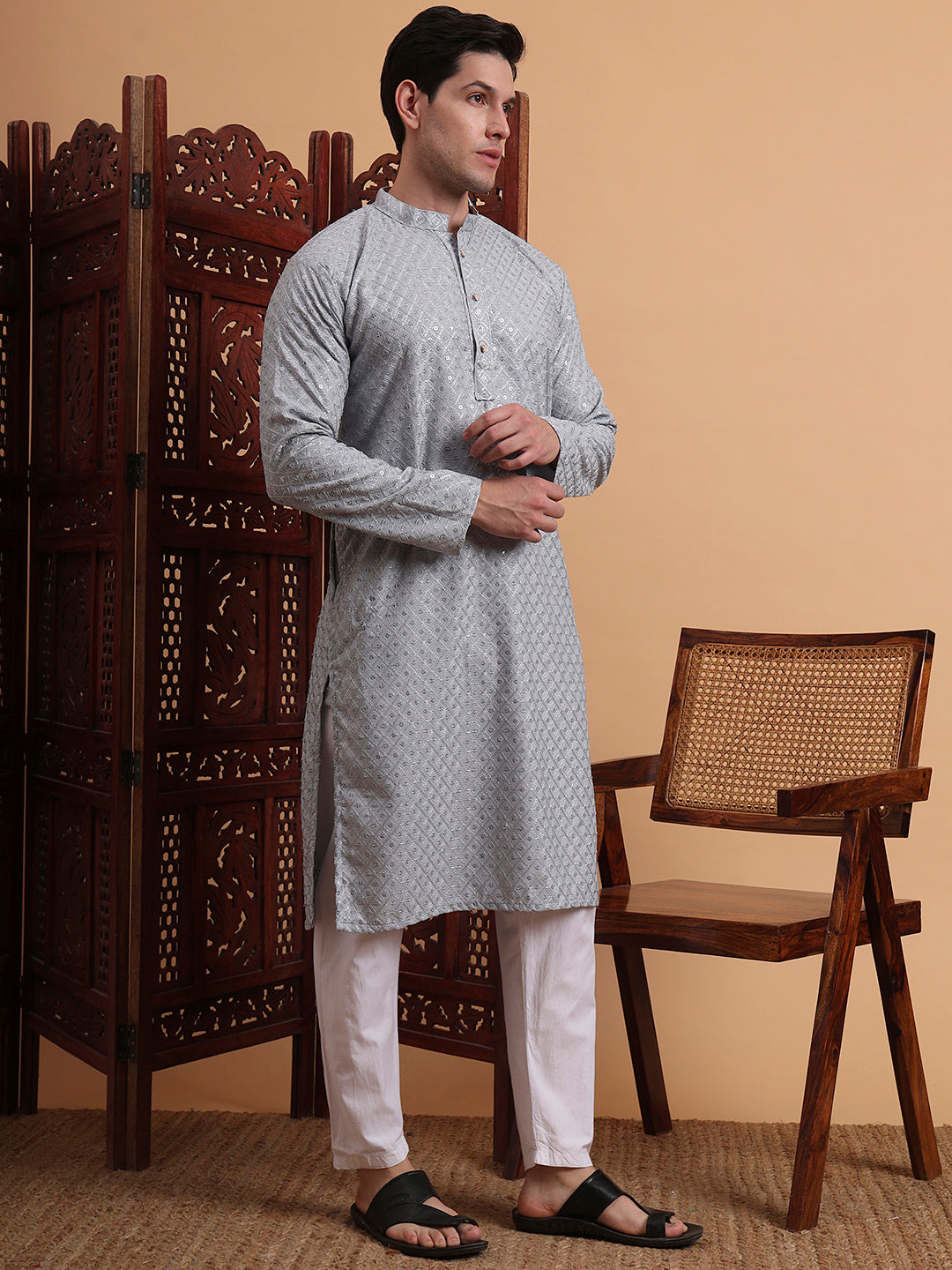 Grey Rayon Chikankari Embroidered Traditional Kurta Pajama