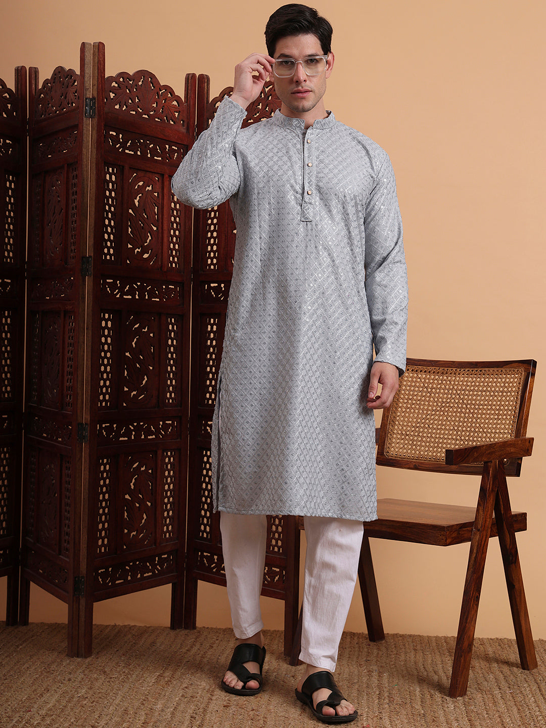 Grey Rayon Chikankari Embroidered Traditional Kurta Pajama