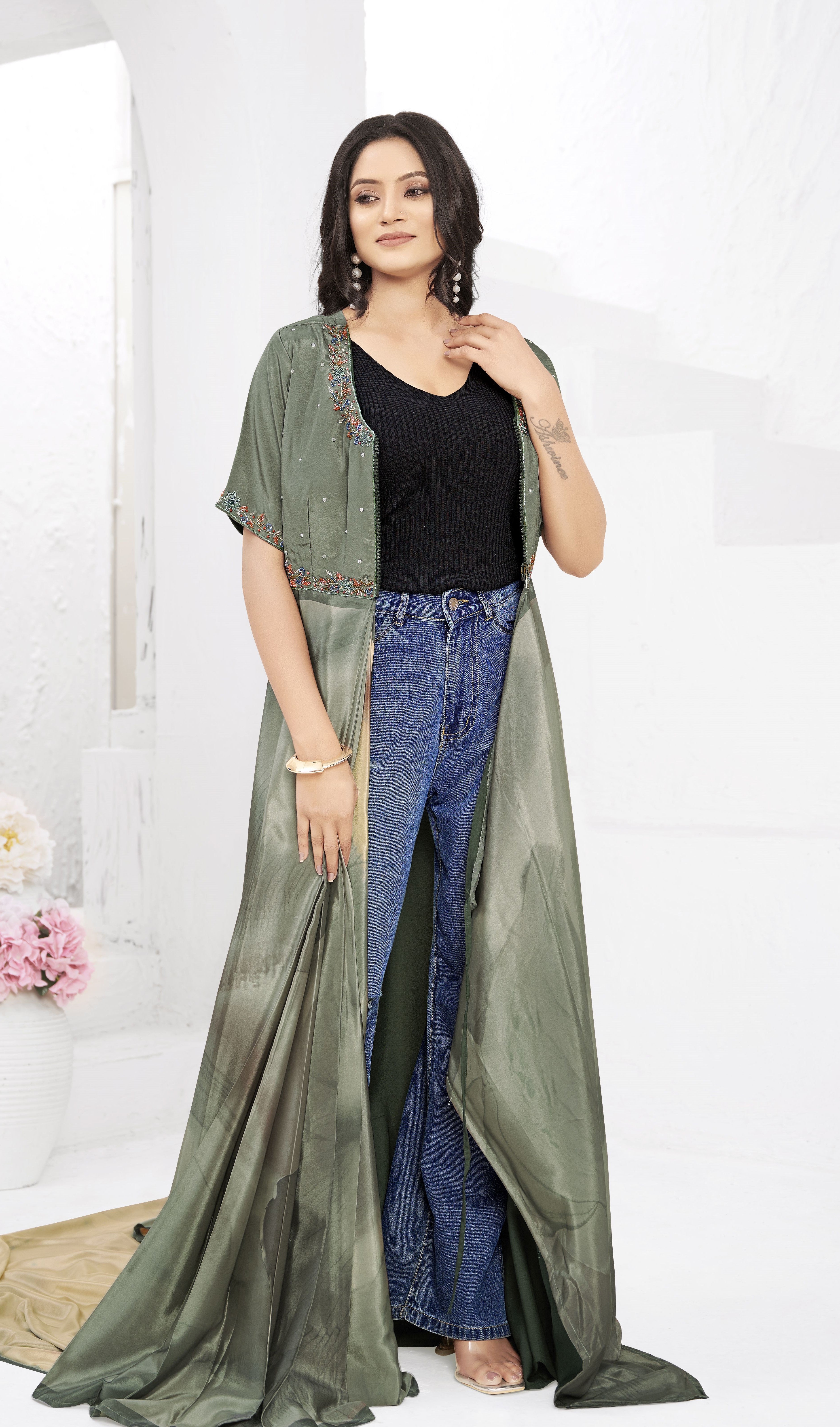 Grey Ready To Wear Gown Style Designer Printed Saree With Embroidery Work Blouse