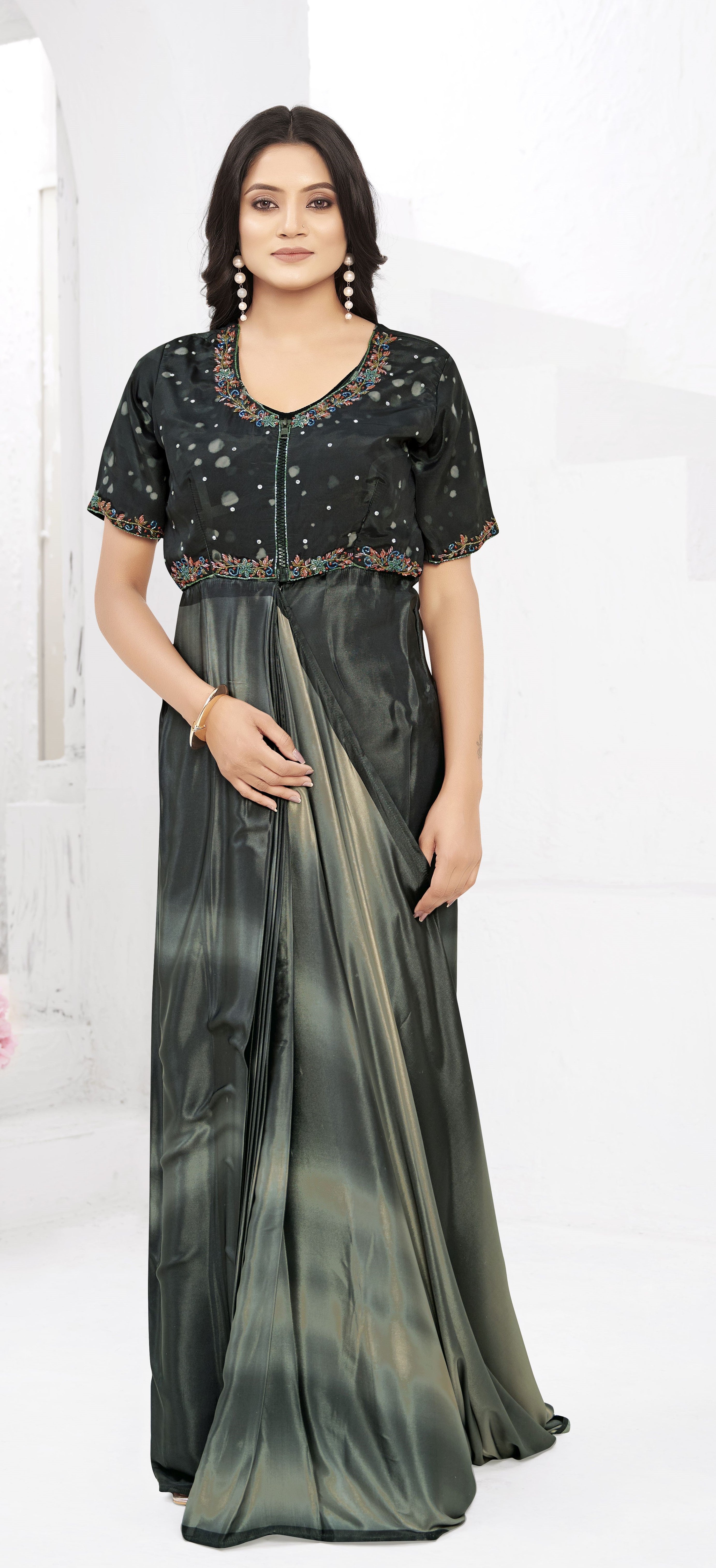 Grey Ready To Wear Gown Style Designer Printed Saree With Embroidery Work Blouse