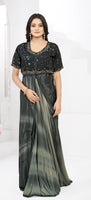 Grey Ready To Wear Gown Style Designer Printed Saree With Embroidery Work Blouse