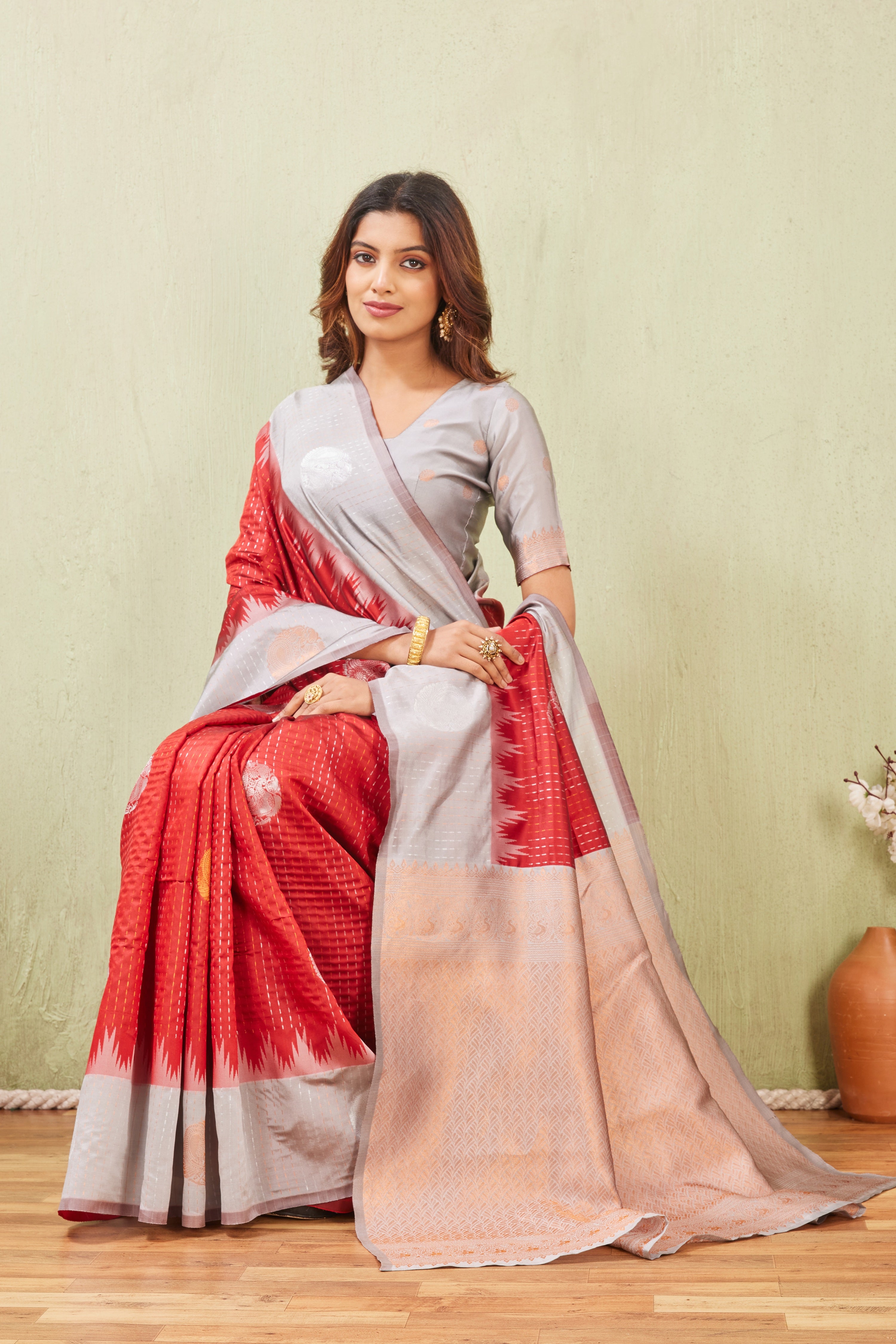 Grey Red Banarasi Silk Saree with Rich Pallu & Elegant Jacquard Jari Work
