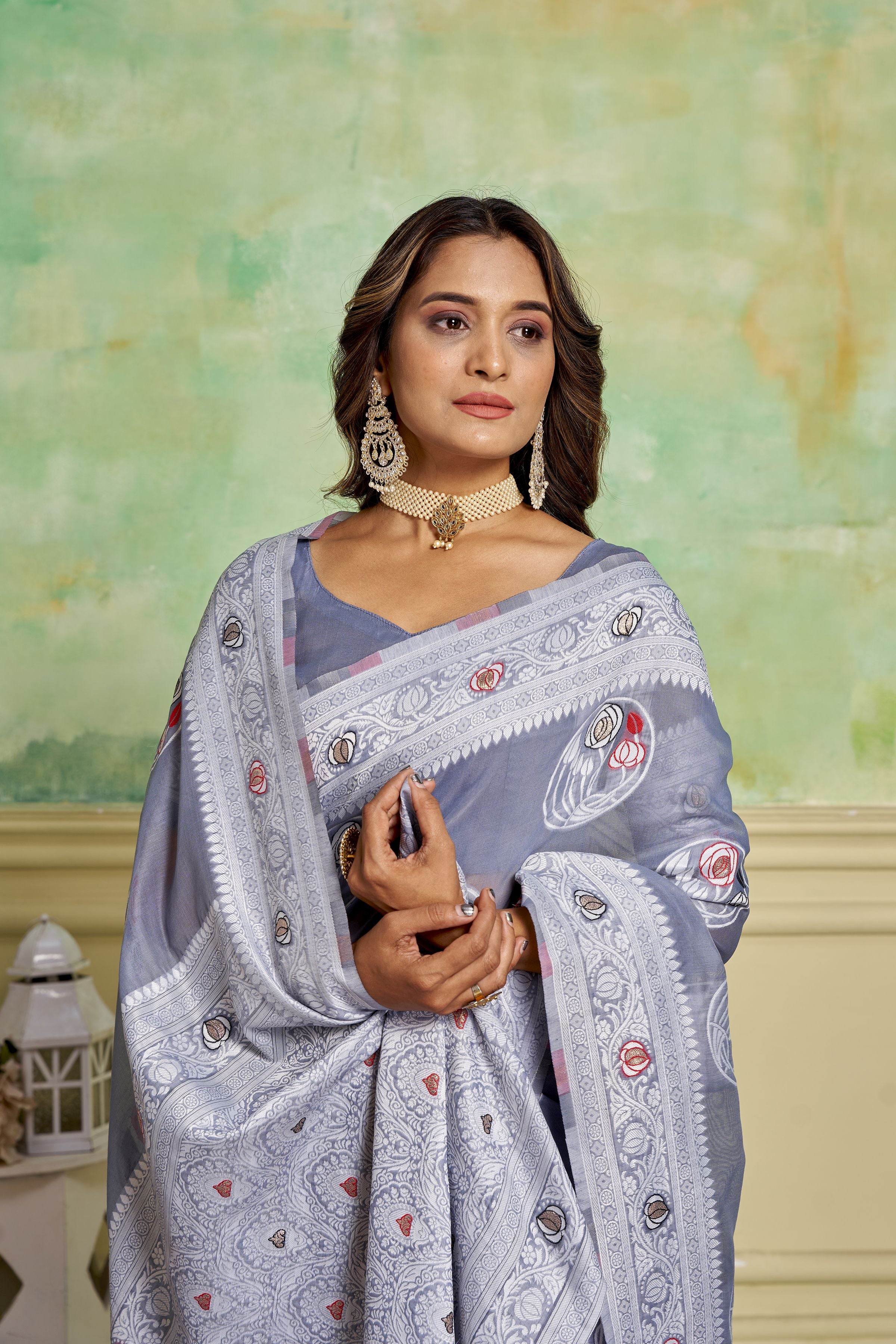 Grey Rich And Elegant Woven Designer Cotton Fabric Saree