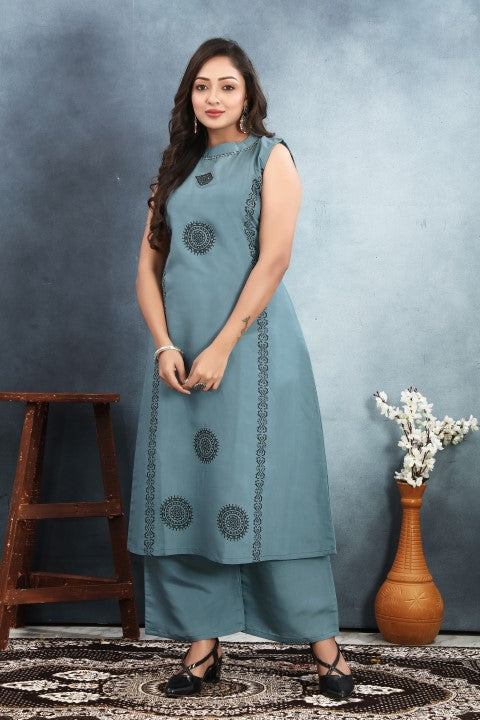 Grey Roman Silk Kurta Pant With Printed