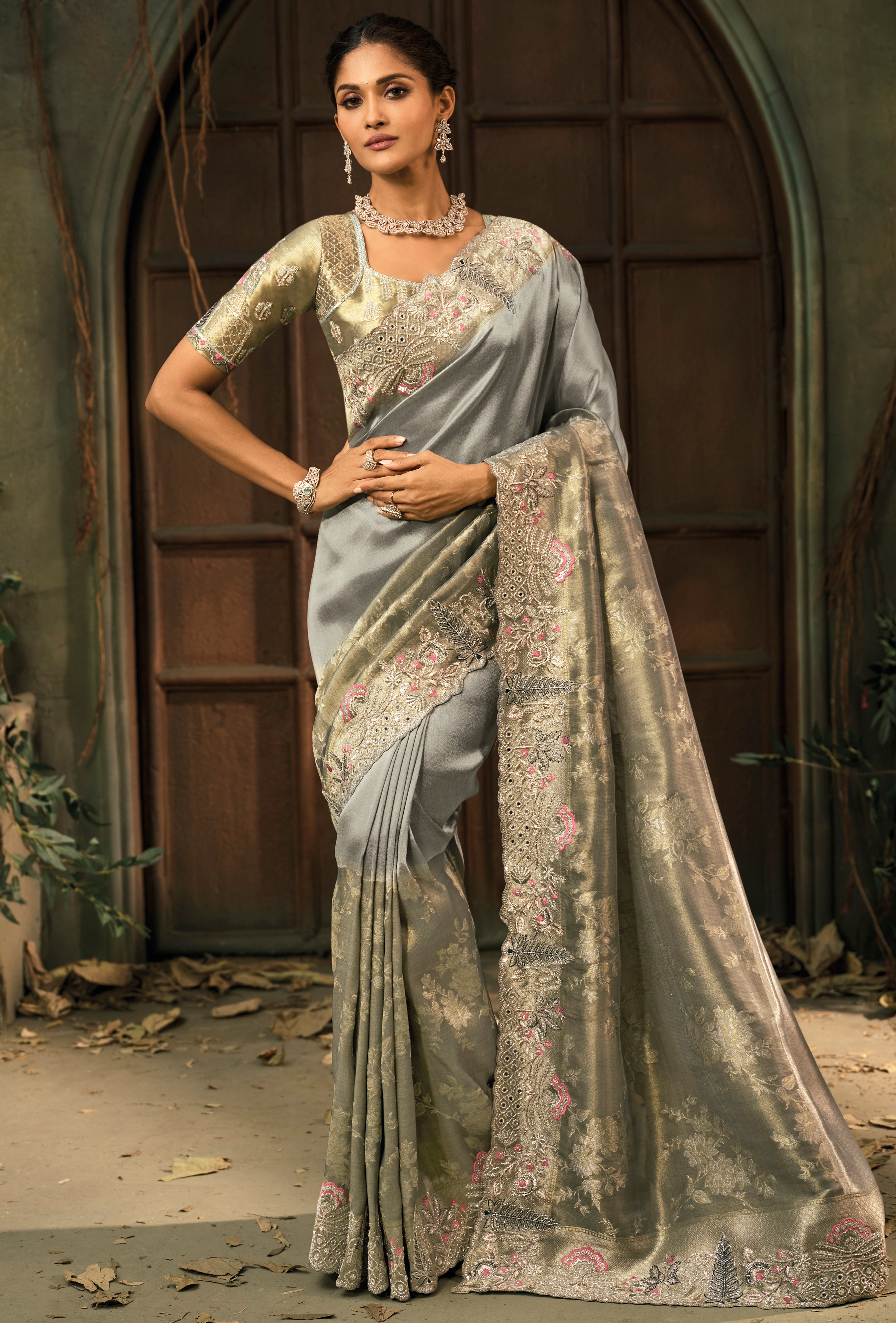 Grey Saree With  Jari, Thread, Cut-Dana With Moti Heavy Work