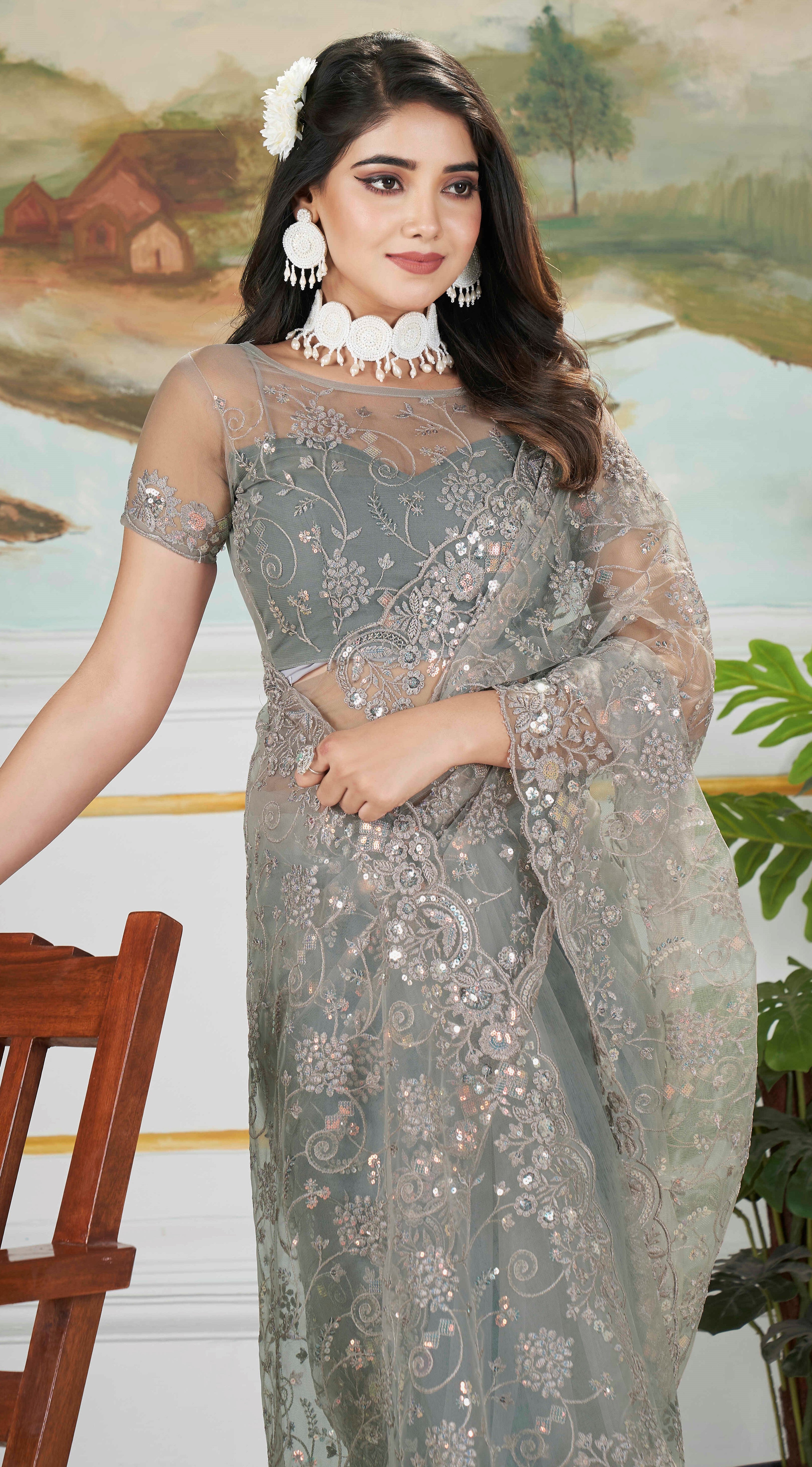 Grey Sequins With Thread Embroidery Work Butterfly Net Partywear Saree
