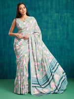Grey Silk Crepe Designer Printed Ready To Wear Saree