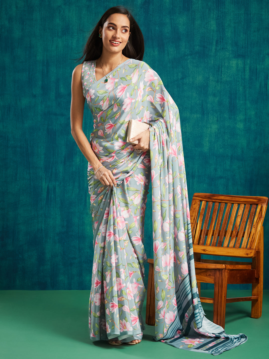 Grey Silk Crepe Designer Printed Ready To Wear Saree
