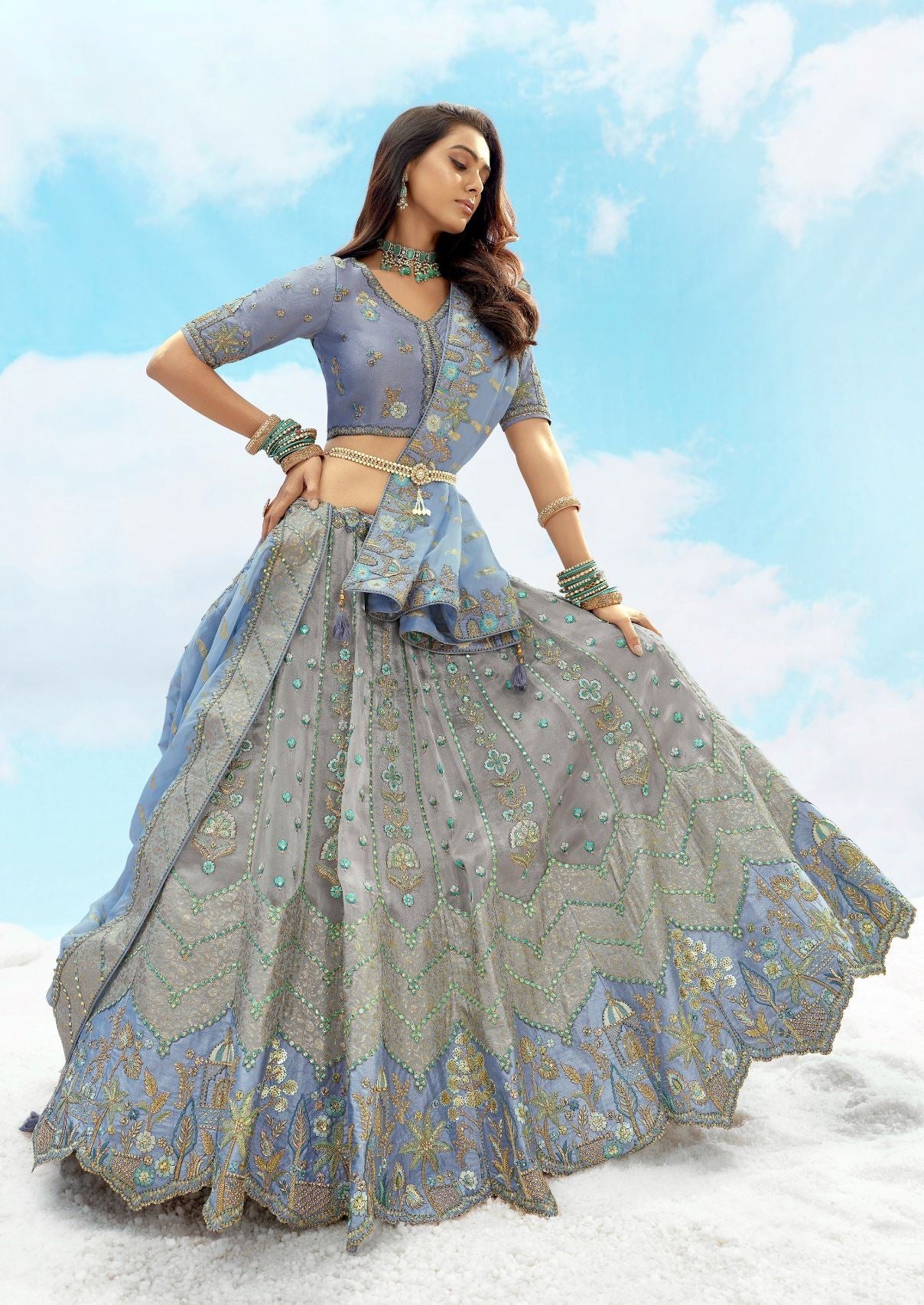 Grey  Silk Lehenga Choli With Heavy Thread Embroidery, Zari With Sequins Work