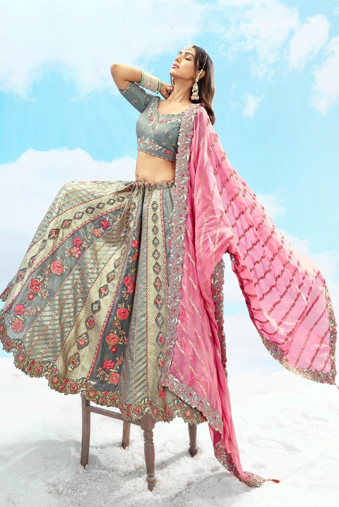 Grey  Silk Lehenga Choli With Heavy Thread Embroidery, Zari With Sequins Work