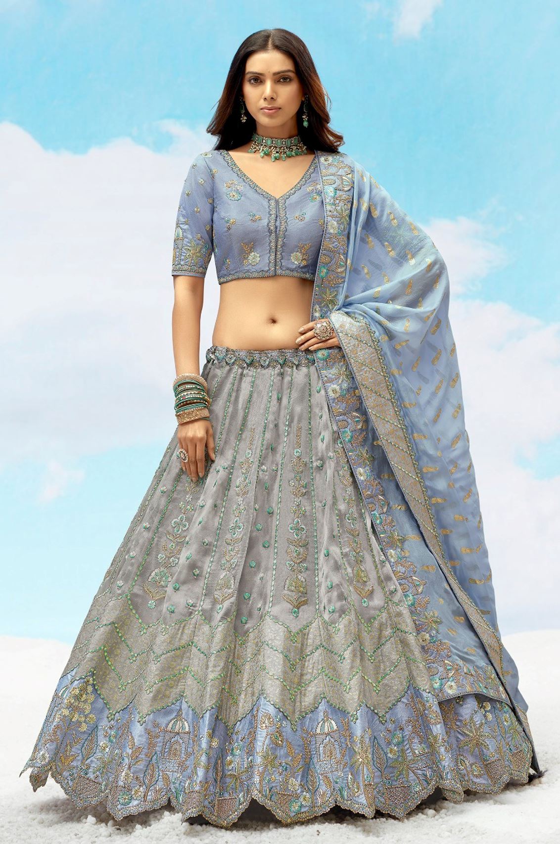 Grey  Silk Lehenga Choli With Heavy Thread Embroidery, Zari With Sequins Work