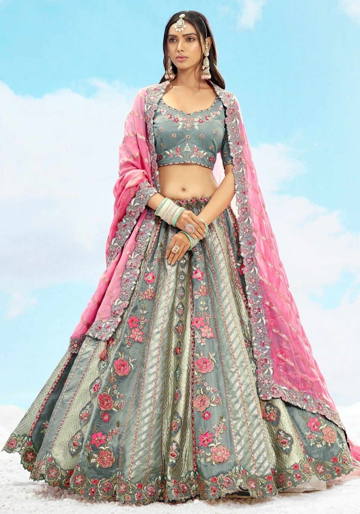 Grey  Silk Lehenga Choli With Heavy Thread Embroidery, Zari With Sequins Work