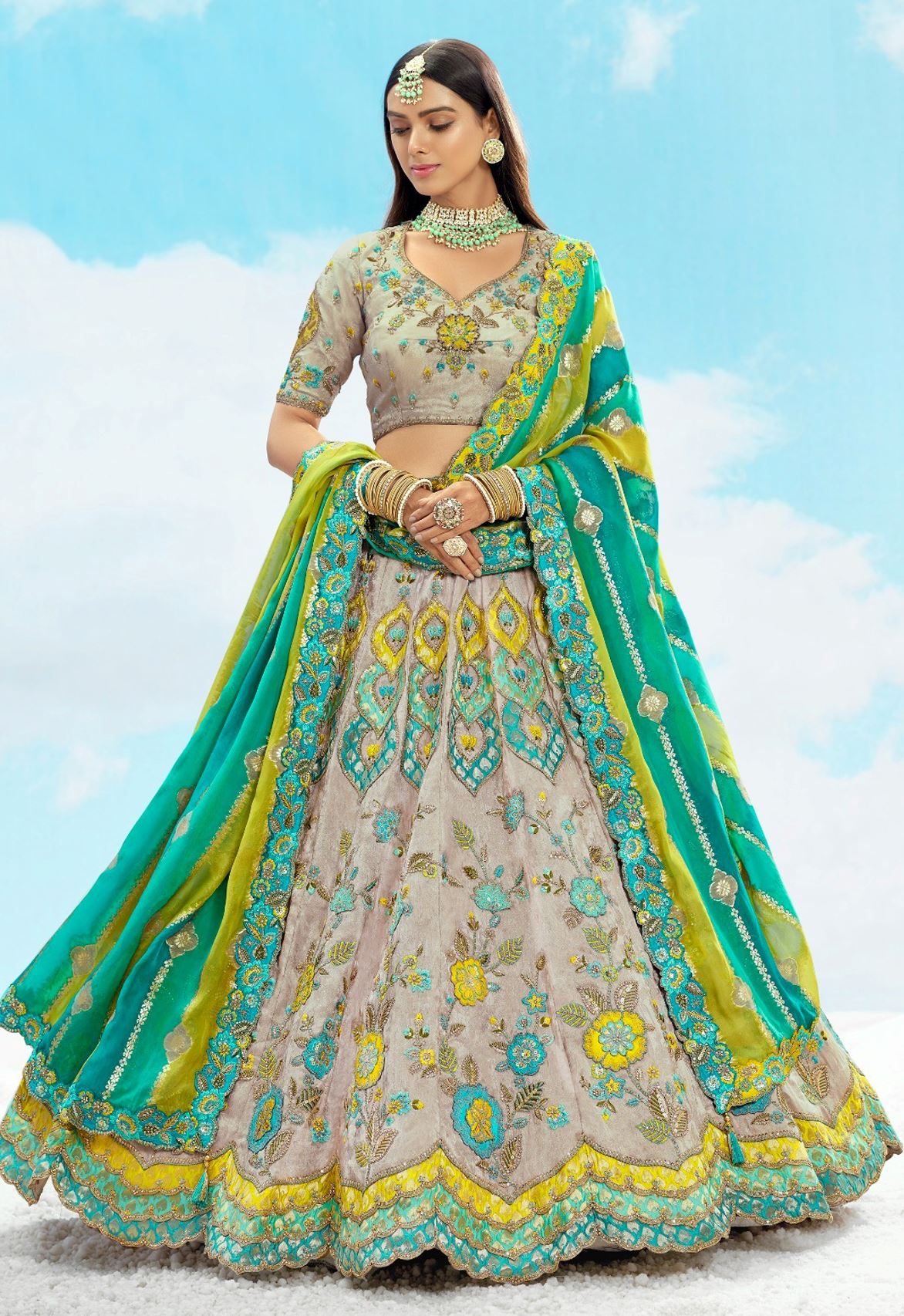 Grey  Silk Lehenga Choli With Heavy Thread Embroidery, Zari With Sequins Work