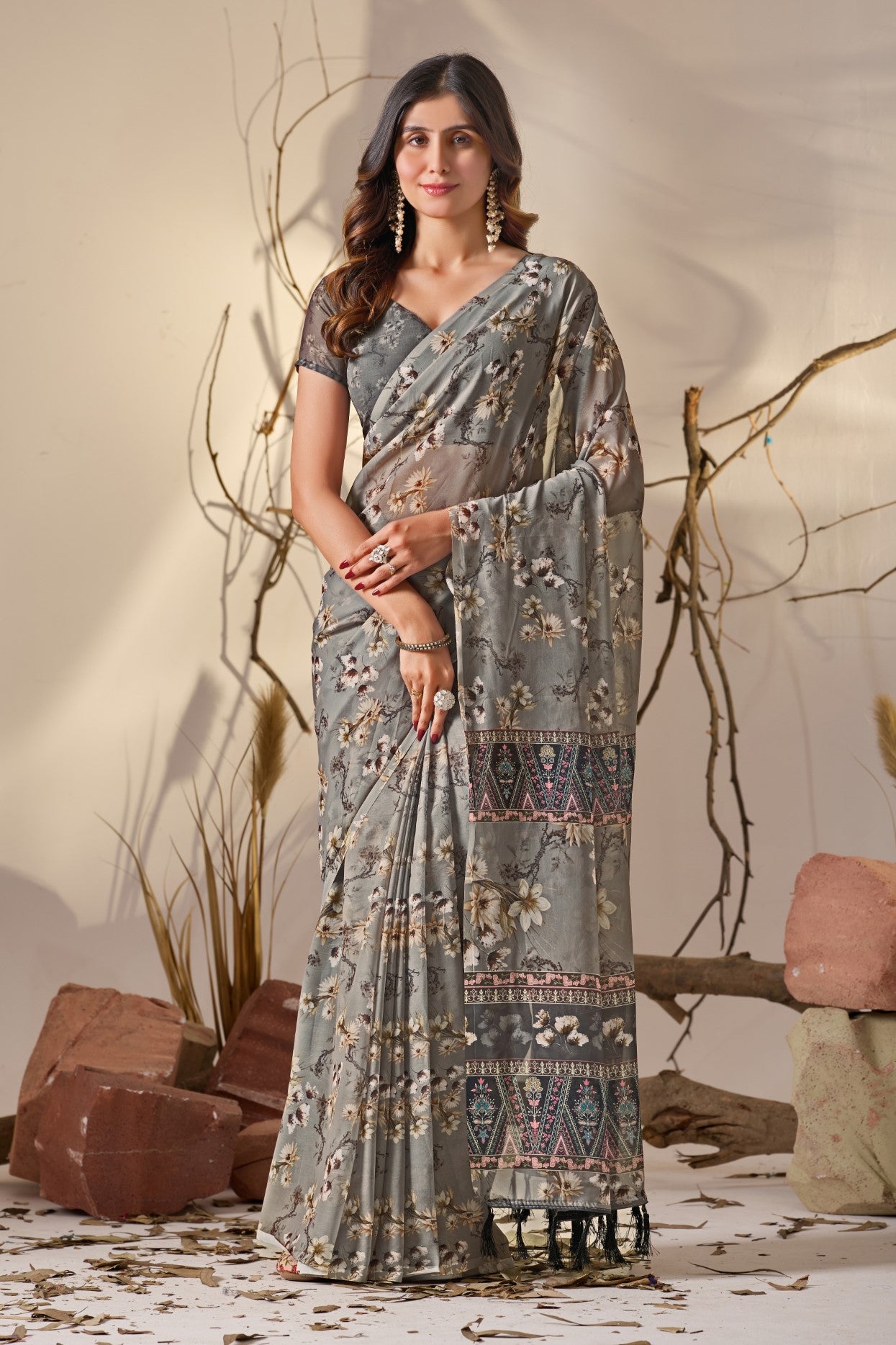 Grey Soft Georgette Saree With Digital Printed Classic Elegant Saree