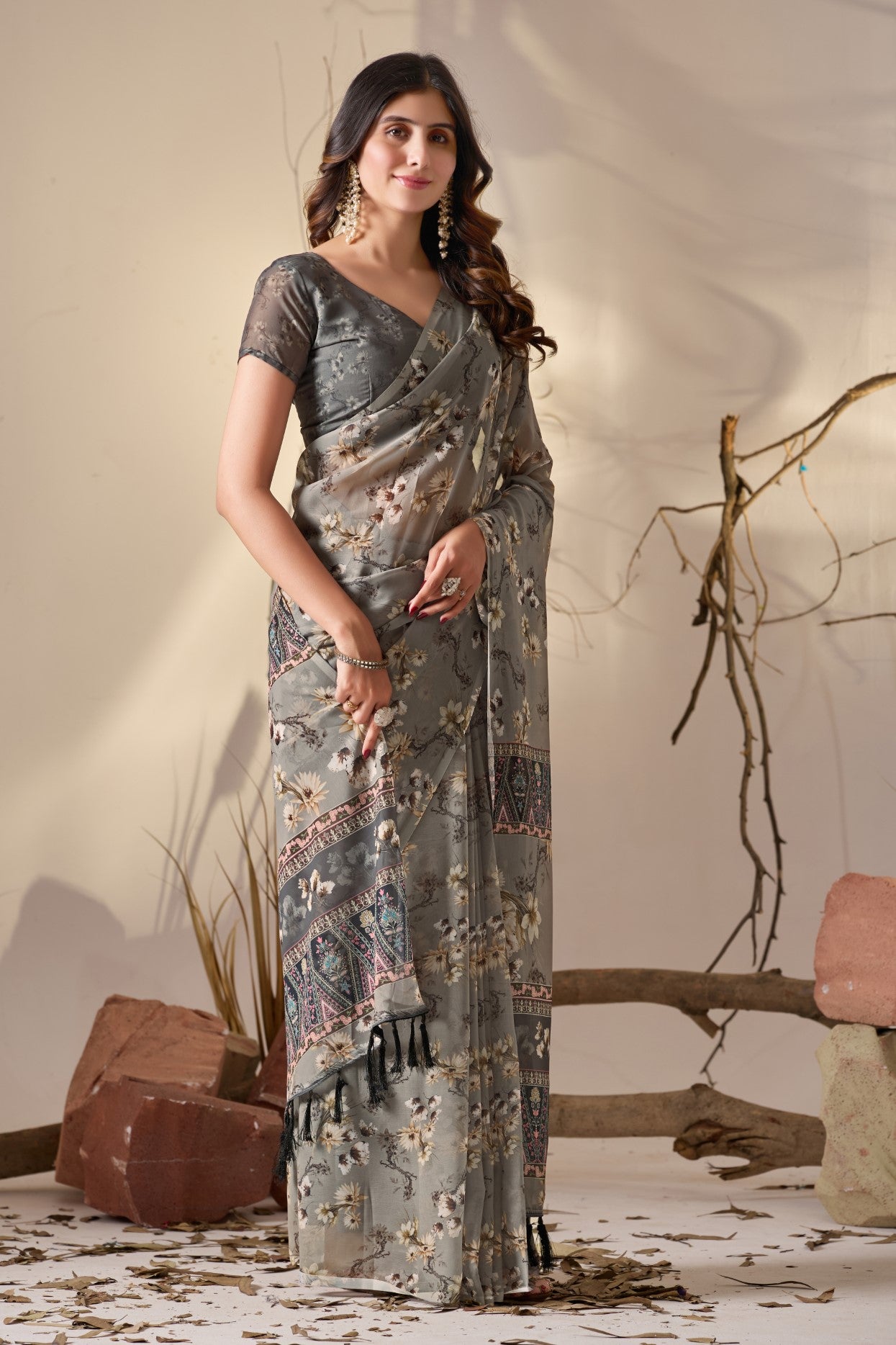 Grey Soft Georgette Saree With Digital Printed Classic Elegant Saree