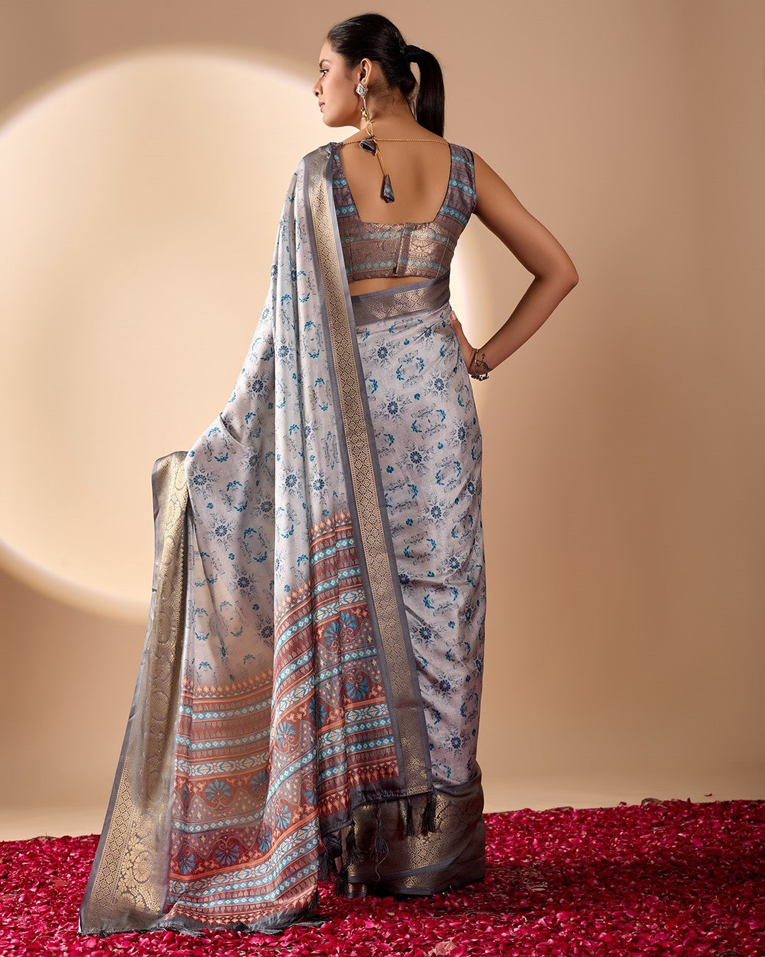 Grey Soft Lichi Silk Saree With Digital Printed Classic Elegant Saree