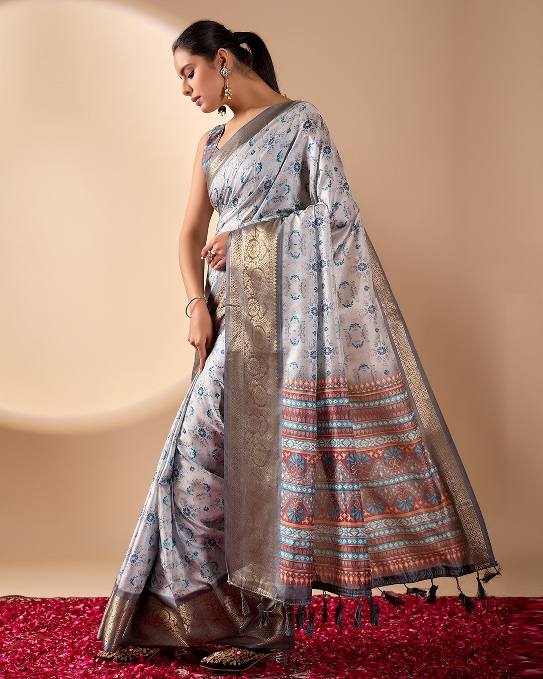 Grey Soft Lichi Silk Saree With Digital Printed Classic Elegant Saree