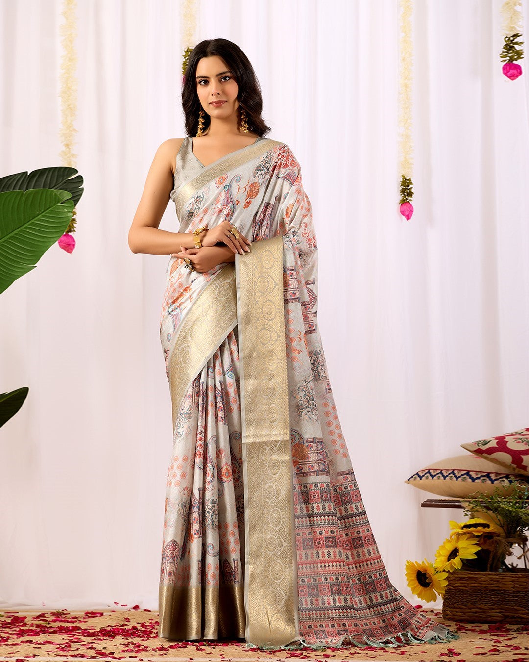 Grey Soft Lichi Silk Saree With Digital Printed Elegant Classic Saree