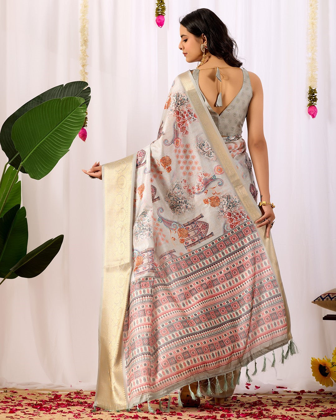 Grey Soft Lichi Silk Saree With Digital Printed Elegant Classic Saree