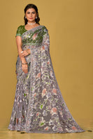Grey Soft Organza Brasso Saree With  Printed Saree With Piping, Embroidery Sequins Work