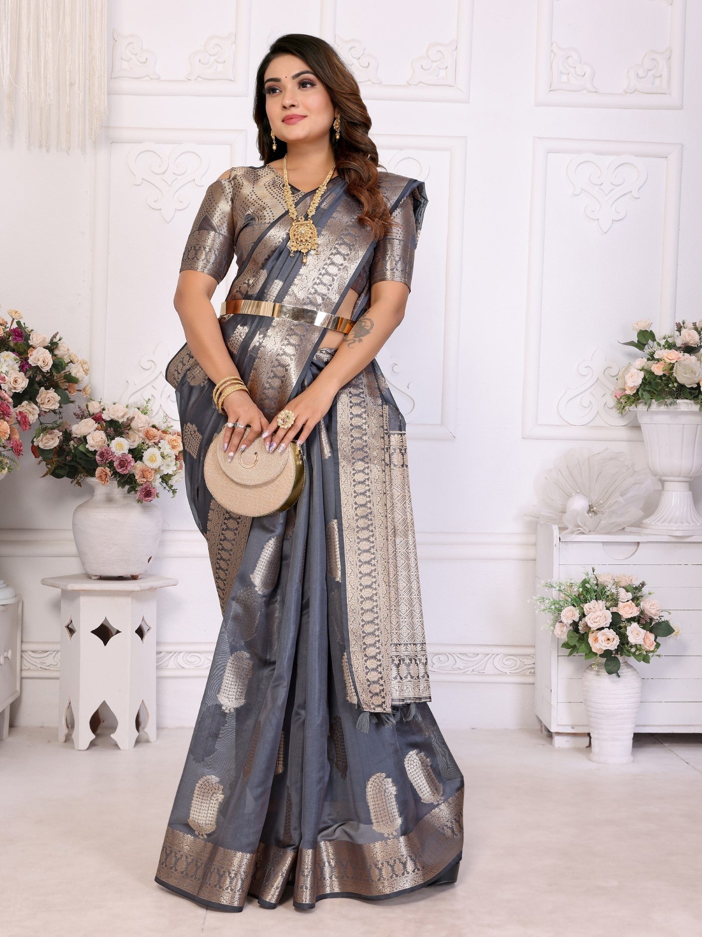 Grey Soft Organza Silk Saree With Elegant Weaving