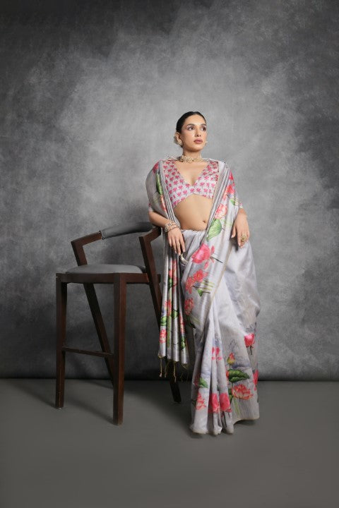 Grey Soft Tussar Silk Saree with Print and Small Zari Border