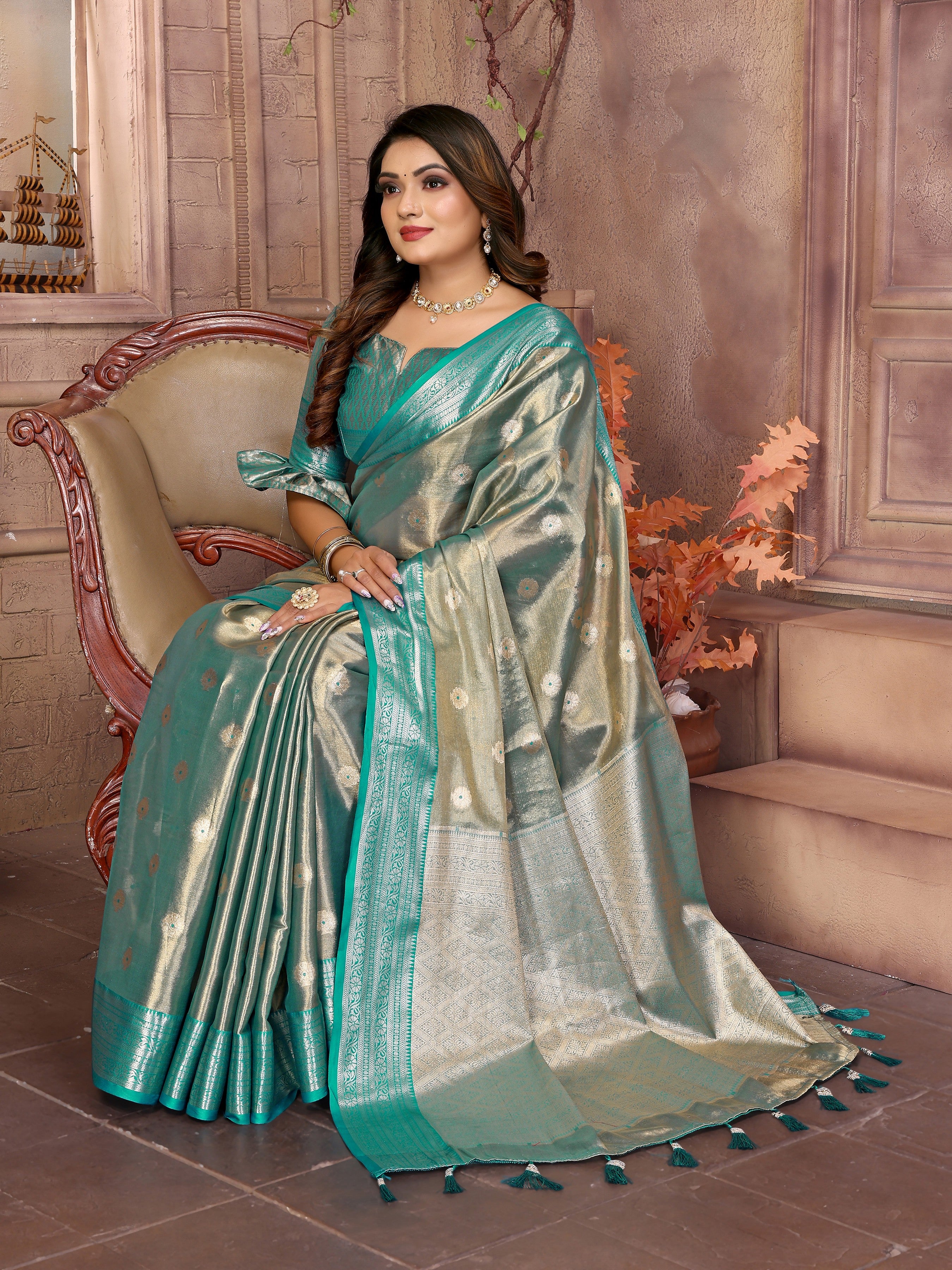 Grey Tissue Silk Ethnic Saree With Woven Handloom Designer