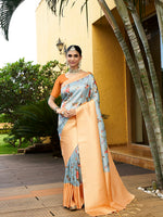 Grey Trendy Crepe Saree With Woven Zari Patta And Designer Print Work