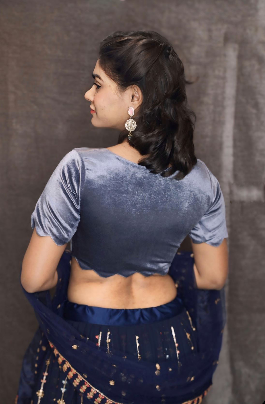 Grey Velvet Blouse in a Scalloped Neckline With Tie Up Tassels Dori