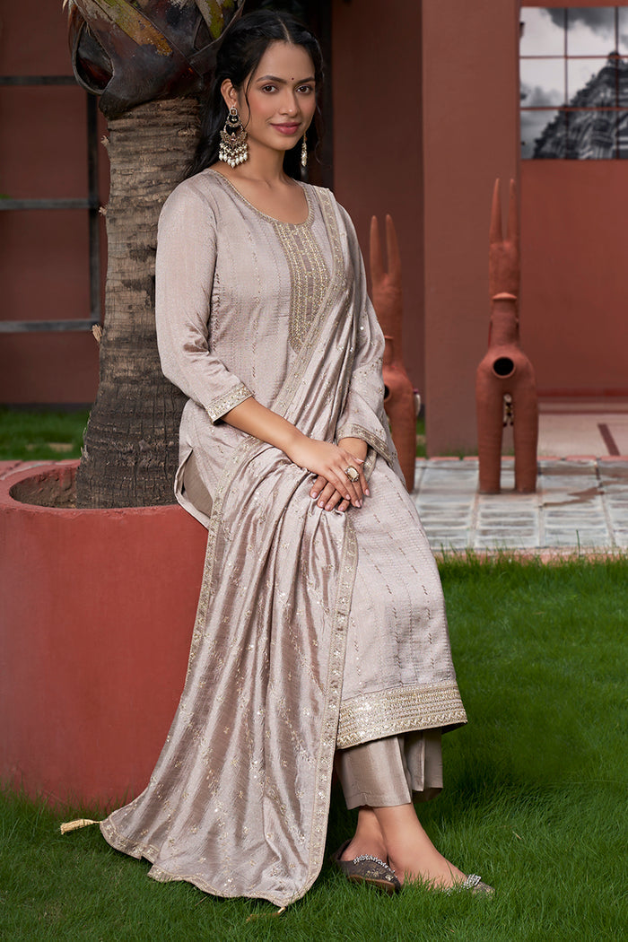 Grey Vichitra Silk Elegant Kurta Pant Set With Embroidery Work