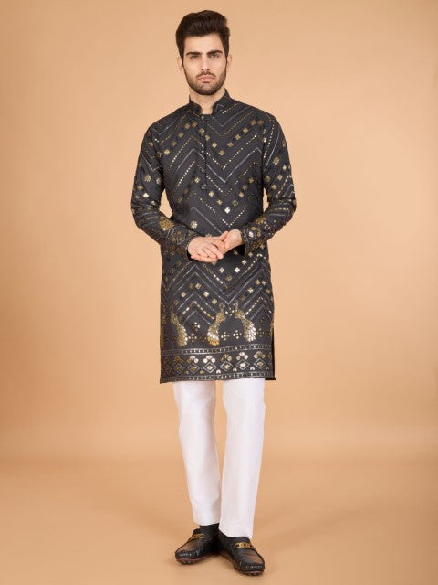 Grey Viscose Rayon Thread & Sequins Embroidery Ceremonial Kurta