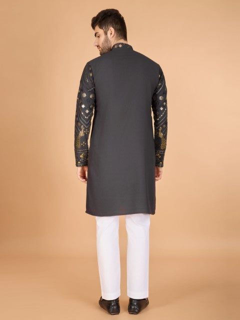 Grey Viscose Rayon Thread & Sequins Embroidery Ceremonial Kurta