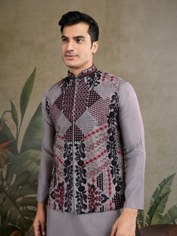 Grey Viscose Silk Kurta with Swarovski Embroidery & Jacket
