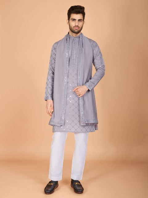 Grey Viscose Silk Thread & Sequins Embroidery Kurta with Dupatta