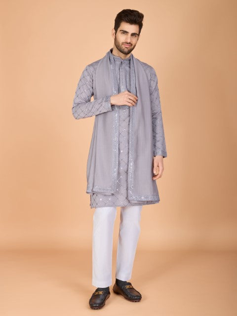 Grey Viscose Silk Thread & Sequins Embroidery Kurta with Dupatta
