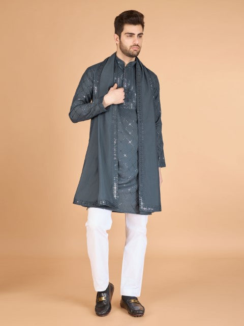 Grey Viscose Silk Thread & Sequins Kurta with Dupatta